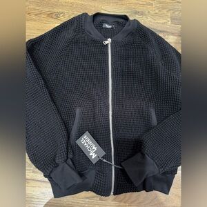 NWT!! Michael Lauren XS Black Over sized Zipper Crew Sweater Waffle